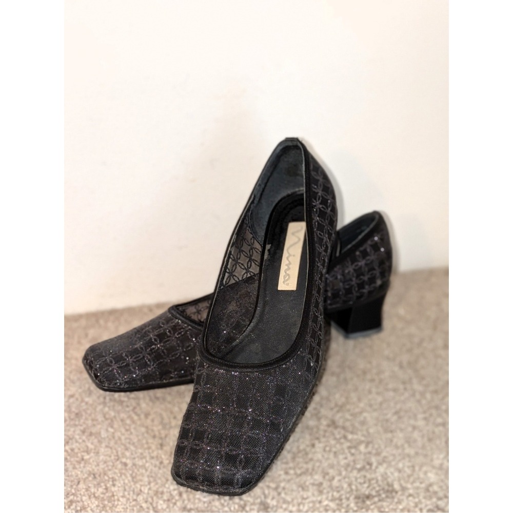 Nina Samson Black Trellis Mesh Square Toe Glitter Block Heel Pumps 11M NIB